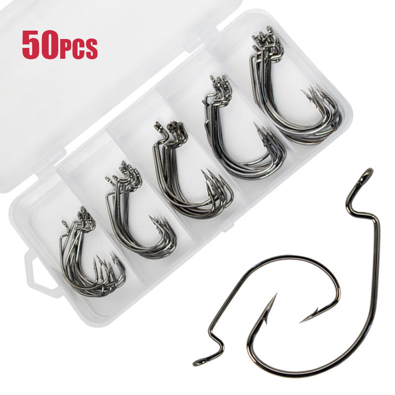 50pcs Wide Worm Hook Carbon St - Fishing Hook Offset 评论和价格