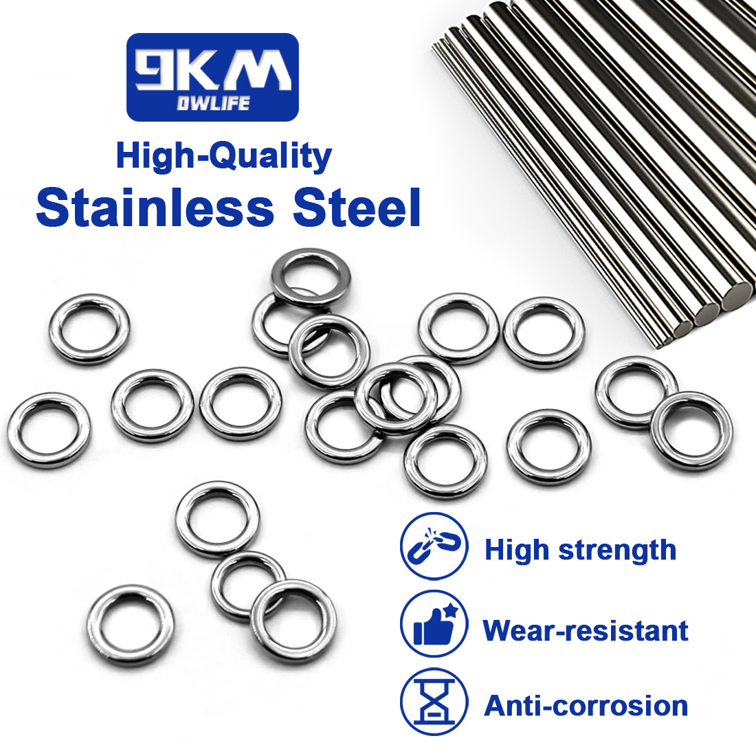 9KM Solid Ring Fishing 50pcs S - Fishing Hook Stainless Steel 评论和价格